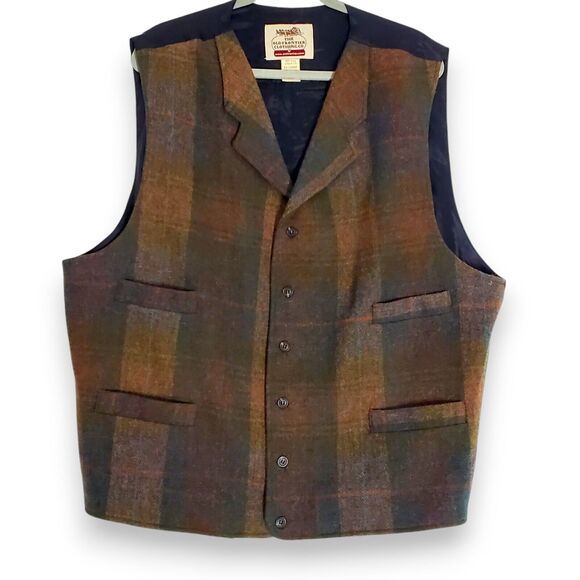 Vintage 100% Wool Vest Jacket Utility Field Brown Plaid 53” Chest Workwear‎ XL - Picture 1 of 8